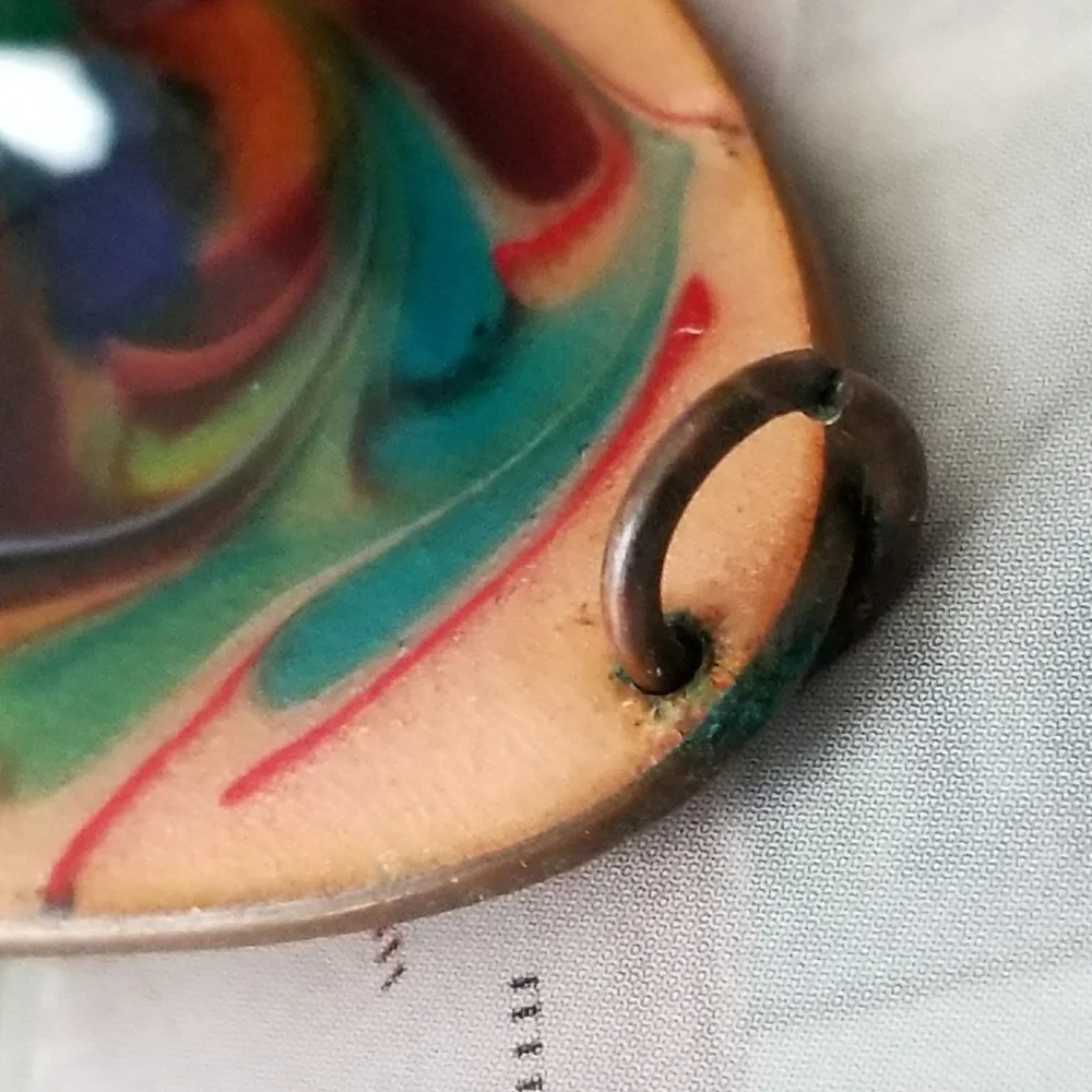 Vintage enamel copper pendant swirl teardrop